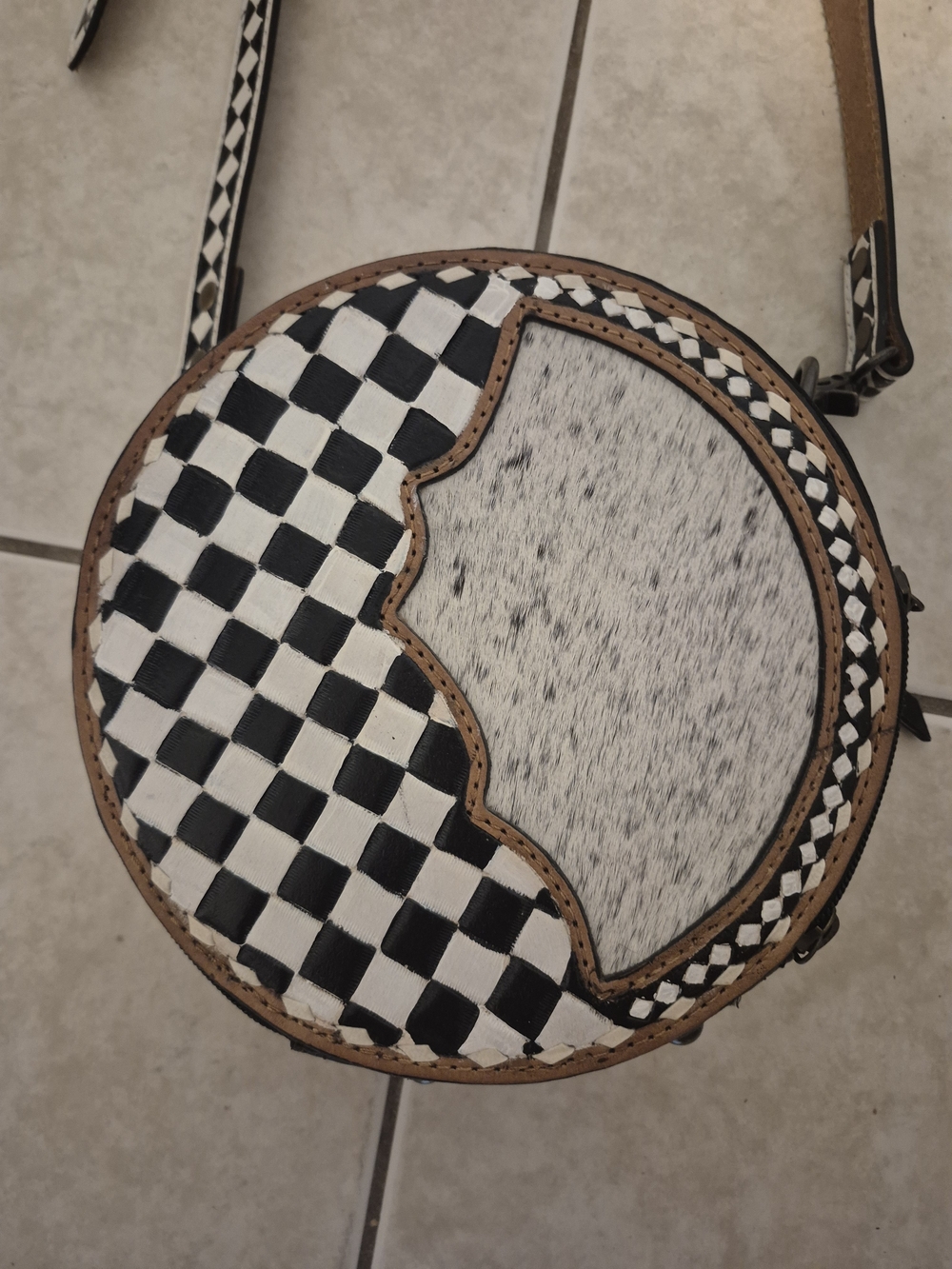 NWOT Montana West Round Black & White Checkerboard Crossbody w/ Haircalf Accent